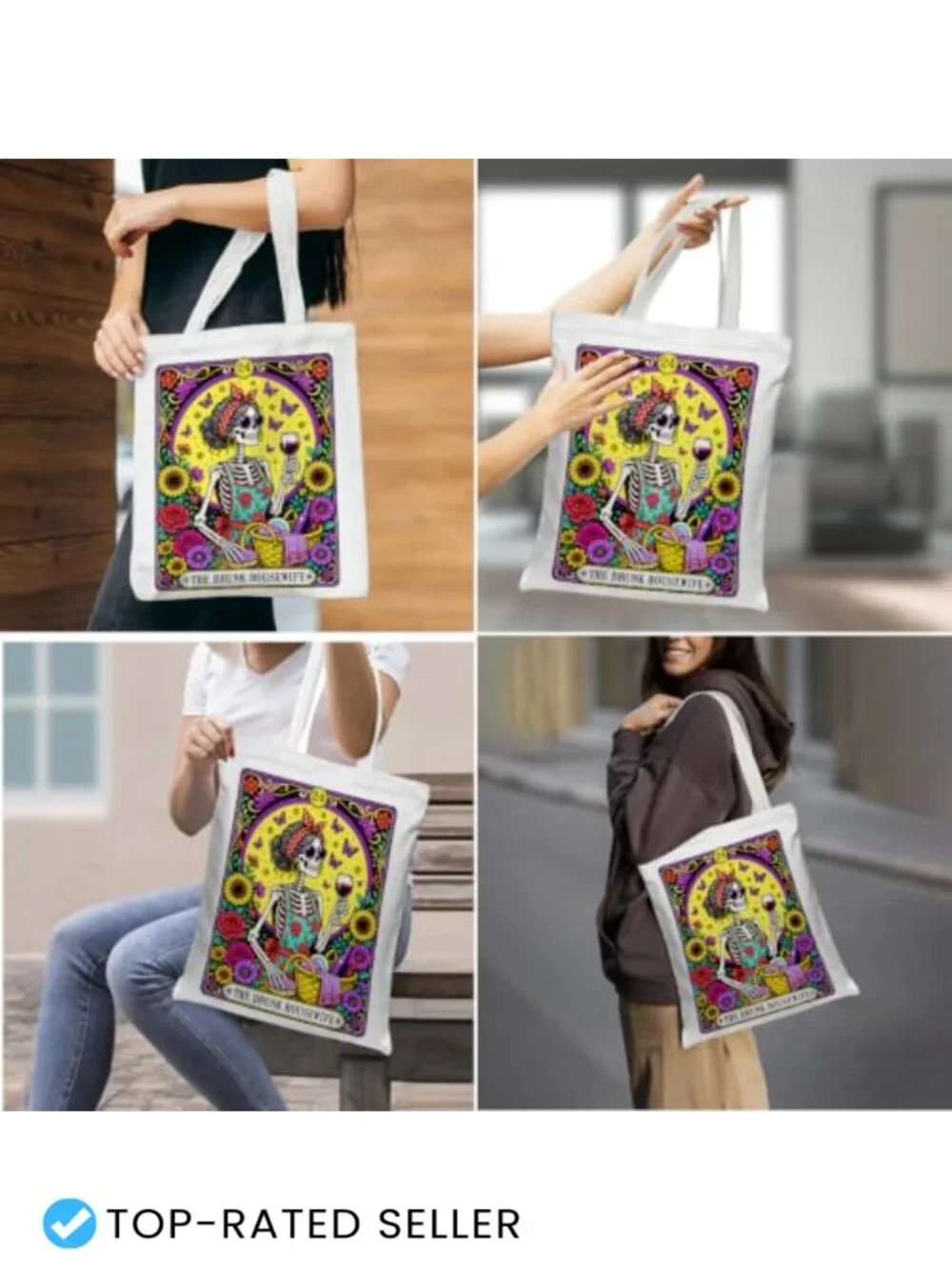 Funny Skull Tarot Card Canvas Tote Bag for Women Witchy Grocery Shopping